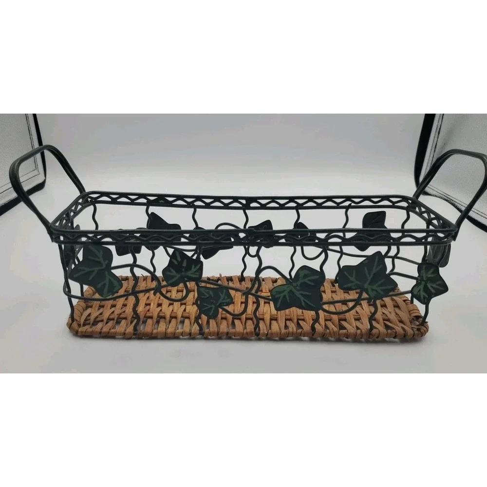 Ivy Leaf Metal Basket With Wicker Bottom Rectangular Centerpiece Fruit Basket